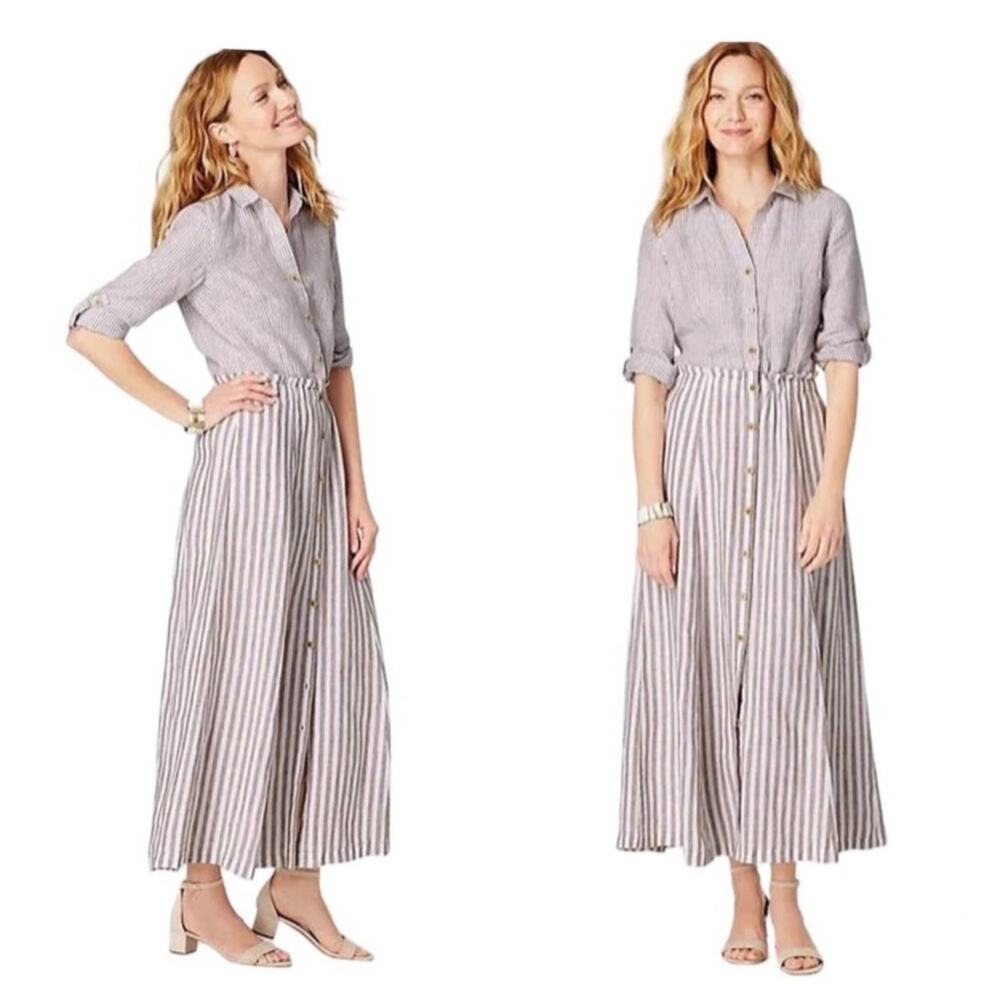 J. Jill Sz M 100% Linen Dress Button Up Striped Latte Tan White Cinched Waist